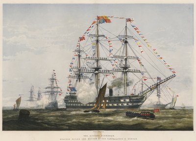 El cumpleaños de la reina, colores ondeando y tripulación en los mástiles de Edward Duncan